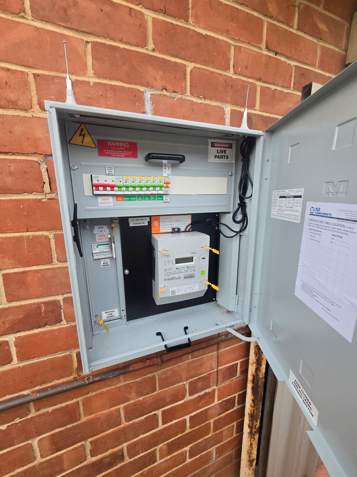 Open switchboard showing safety switches and main isolator